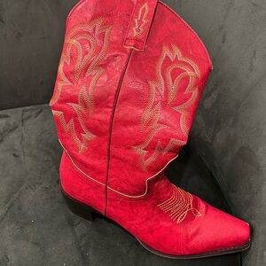 Vibrant Red Embroidered Heeled Boots